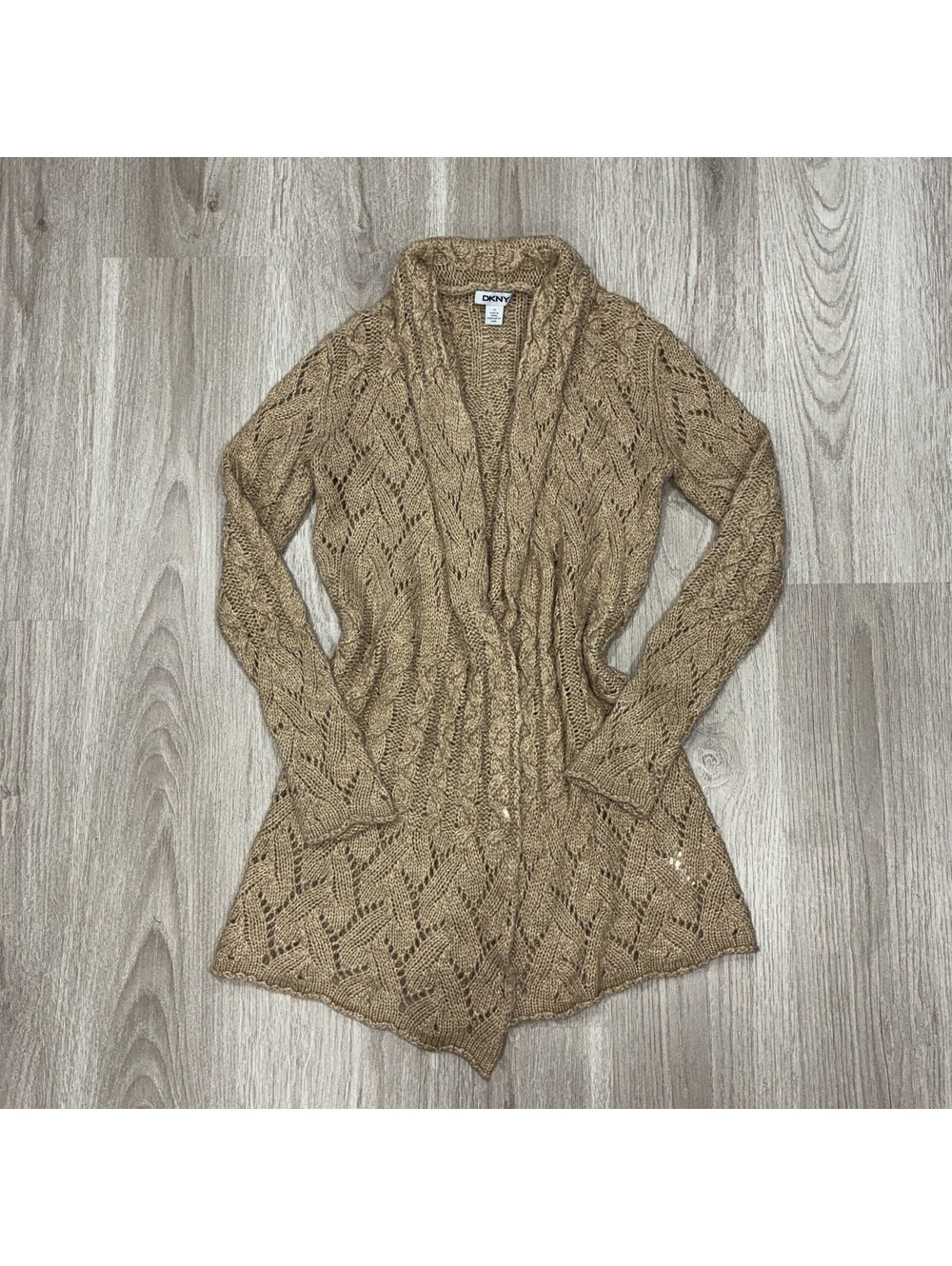 DKNY Open Front Cable KnitCardigan Womens XS Tan Longline Sweater